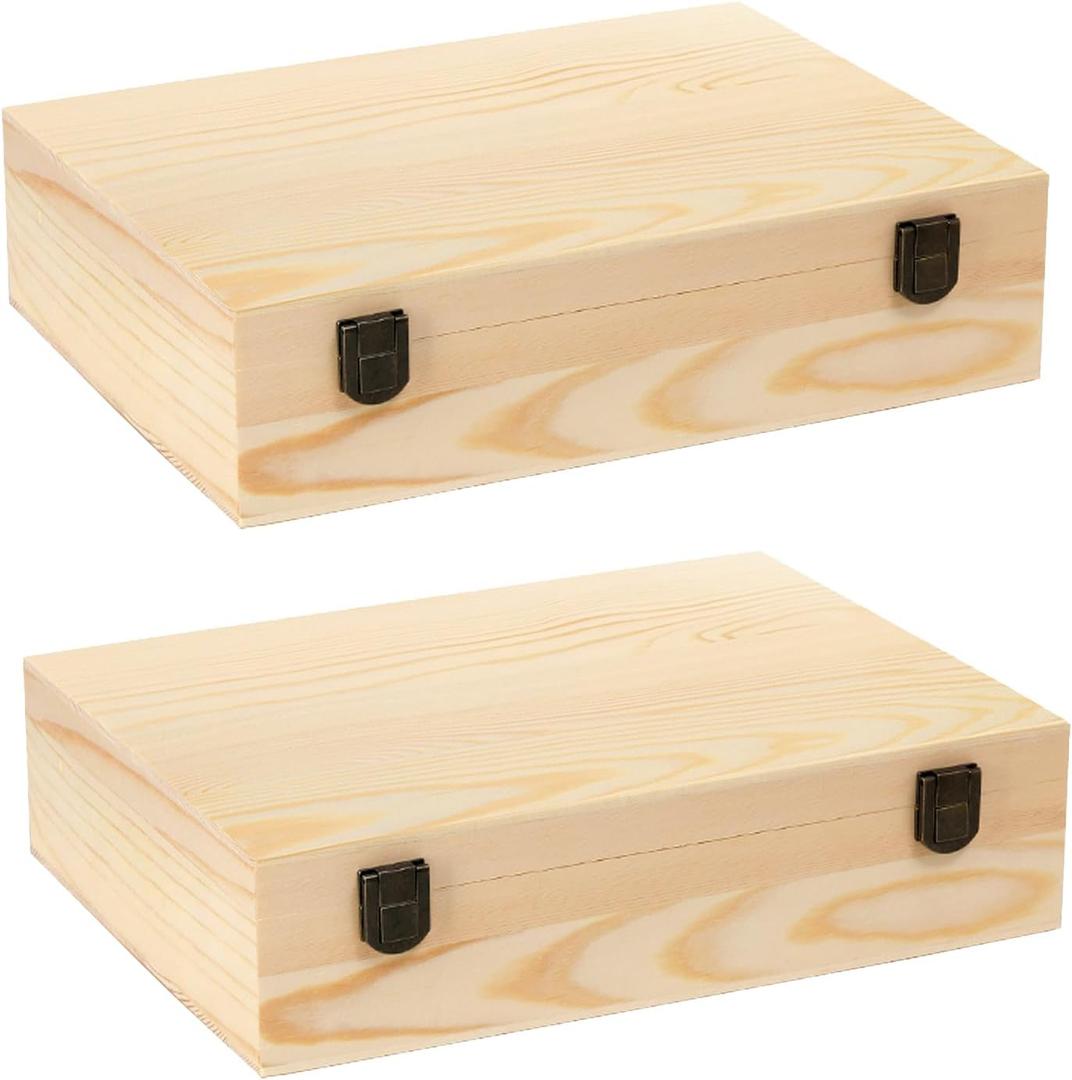 Frcctre 2 Pack 12" x 9" x 3" Unfinished Wooden Box, Natural Unfinished Pine Wood Decorative Box Wooden Gift Box Memory Box with Hinged Lid and Front Clasp for DIY Art Craft and Home Storage