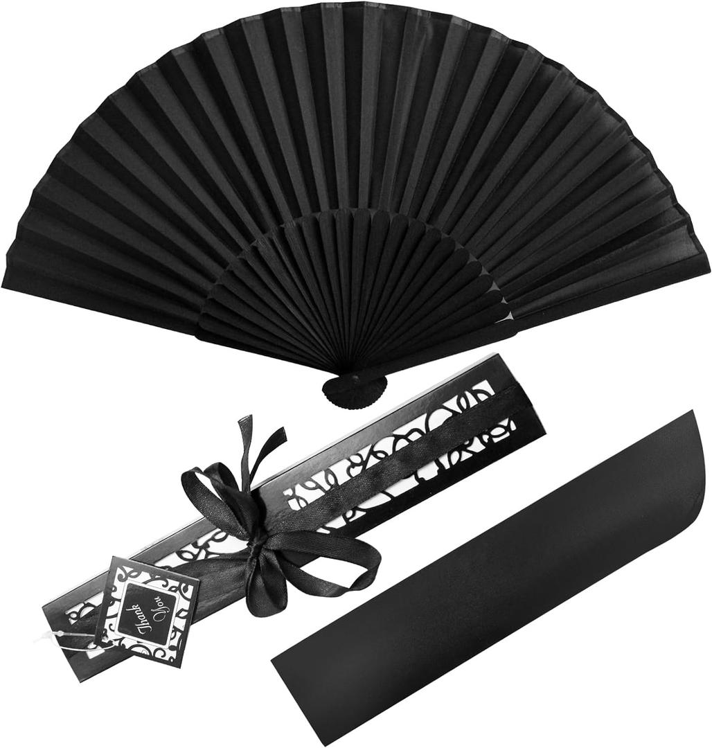 Silk Folding Fans, Black Classic Handheld Fan 8.2in Small Hand Held Bamboo Fabric Chinese Vintage Hand Fans with Case for Dance, Performance, Wedding, Cosplay, Decorations, Party Favor, Gift (1PCS)