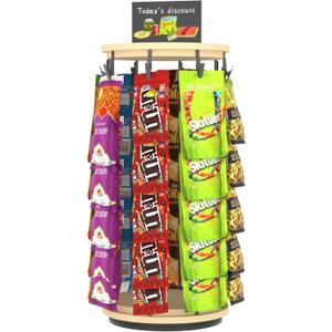 Chip Rack Display Stand with 360 Rotation, Wood Snack Display Rack with Message Board, Snack Bag Holder Chip Organizer for Pantry, Counter, Concession Stand, Vendor and Retail Store