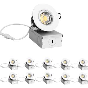 ZYC 3 Inch LED Recessed Lights - 10 Pack White Gimbal LED Recessed Light, Round Spotlight for Ceiling, 8 Watts Dimmable 5 Colors(2700K-5000K) Selectable with Junction Box, ETL Listed, 10 Pack-3IN-WH