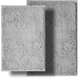 Bathroom Rugs Sets 2 Piece, Ultra Soft Absorbent Bath mat Chenille Bathroom Rug, Antiskid Bath mats Washable Bathroom mat (20x32 inch + 16x24 inch) Light Gray