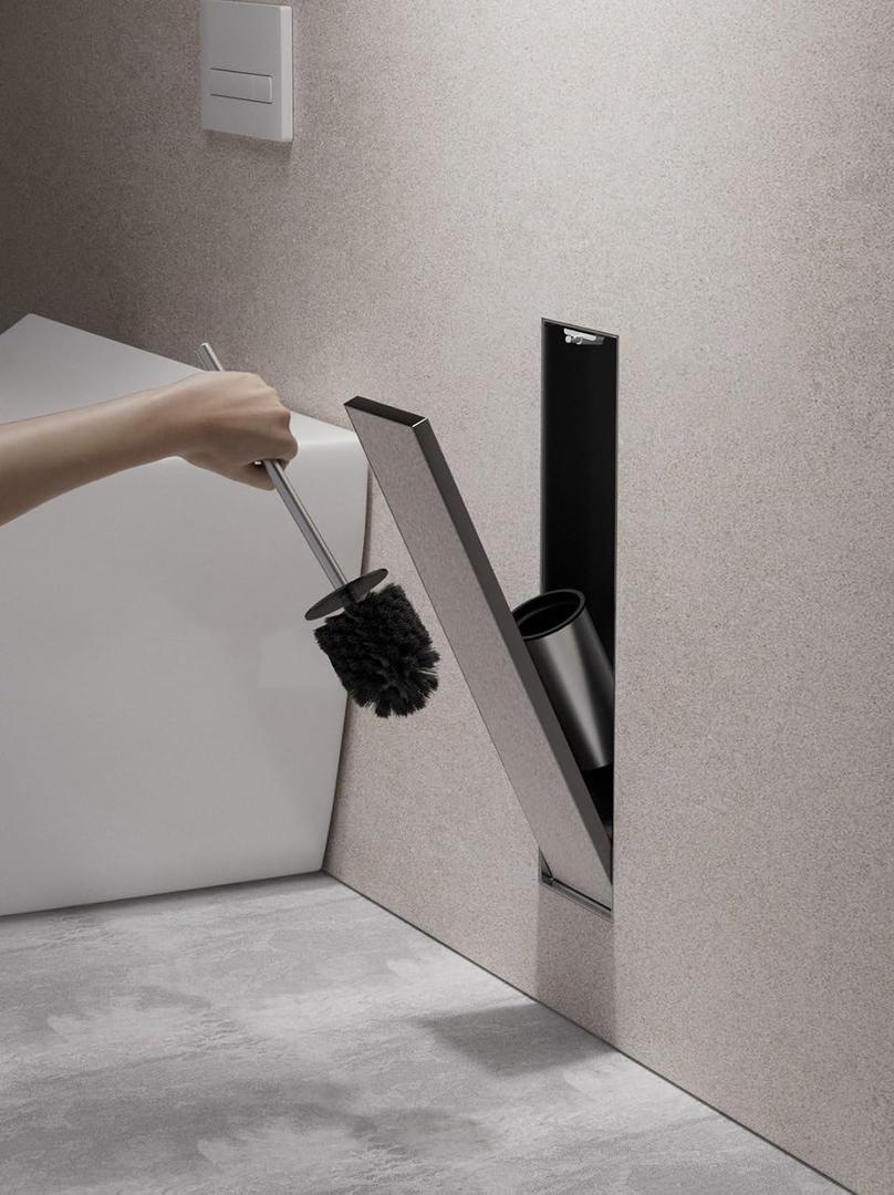 Stainless Steel Recessed Toilet Brush Holder - Invisible in-Wall Bathroom Niche Cabinet with Tileable Door, Enclosed Storage, Hygienic & Space-Saving (Matte Black ，45x12x12 cm)