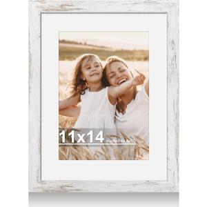 Hongkee 11x14 Picture Frame with Real Glass - 8x10 Wooden Frame with Mat, Horizontal and Vertical Display for Wall or Tabletop (Distressed White, 1 Pack)