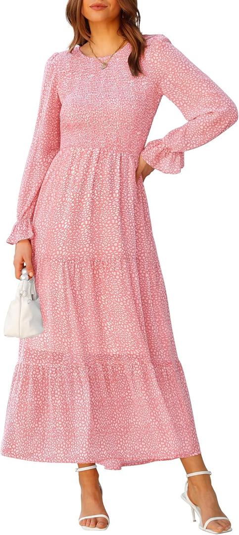 BTFBM Women Casual Long Sleeve Crew Neck Fall Dress Bohemian Relaxed Fit Floral Flowy Maxi Dresses Tiered Cocktail Dress (Large)
