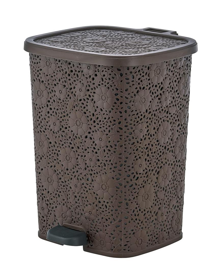 Compact Plastic Step-On Trash Can, Indoor and Outdoor Waste Bin with Foot Pedal, Brown Decorative Garbage Bin with Lace Design, 6 Qt Small Trash Can for Kitchen, Bathroom, Bedroom, Patio, Yard, Brown