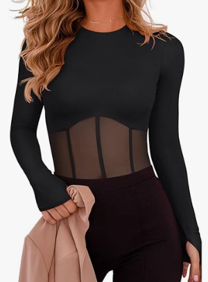 Women's Mesh Bodysuit Long Sleeve Body Suits Sexy Black Large
