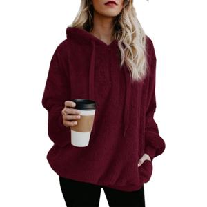 ReachMe Womens Oversized Sherpa Pullover Hoodie with Pockets Fuzzy Fleece Sweatshirt Fluffy Coats(A Burgundy,M)