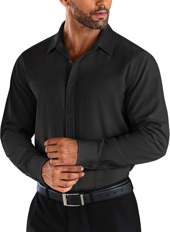 COOFANDY Men's Business Dress Shirts Wrinkle Free Long Sleeve Regular Fit Dress Shirt Textured Casual Button Down Shirts, M, Black