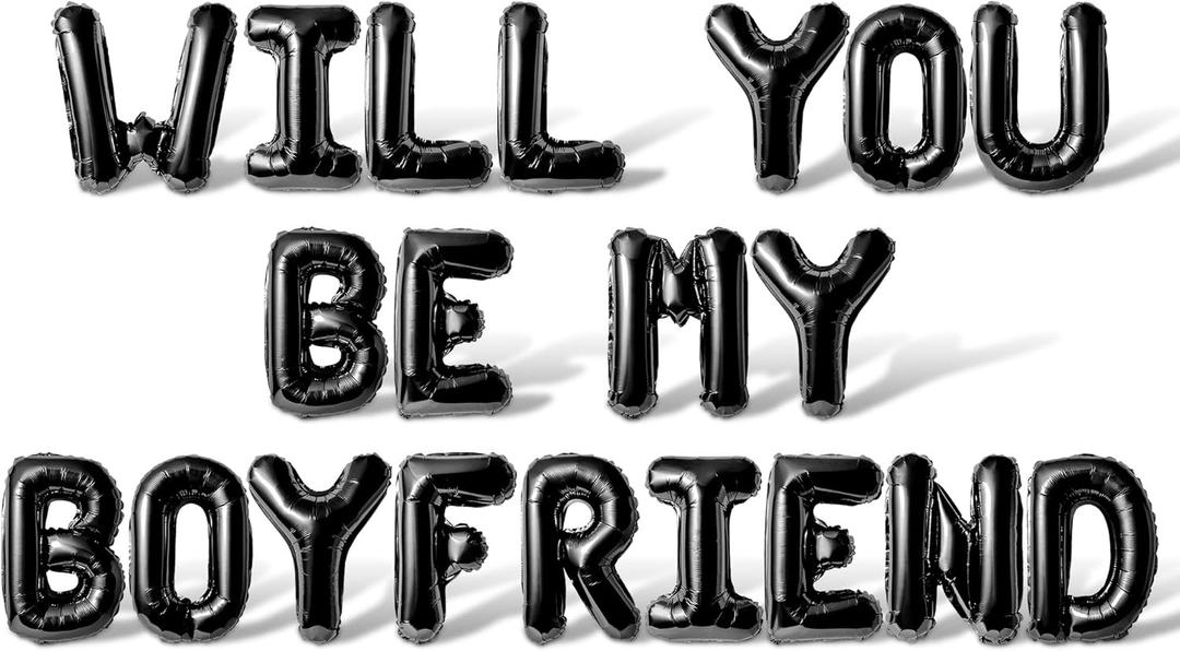 Letter Balloons - WILL YOU BE MY BOYFRIEND 16" Inch Alphabet Letters Foil Mylar Balloon Valentines Day Banner (Black)