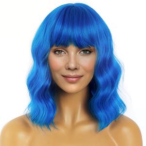 LANICE Blue Wig Short Bob Wigs with Bangs for Women Loose Wavy Hair Shoulder Length Blue Wig Synthetic Colorful Wigs for Cosplay Daily PartyUse(Blue,12inch)