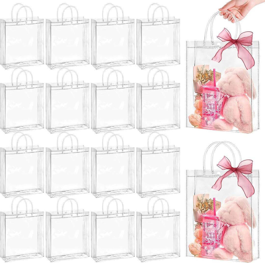 Jutieuo 24 Pack Clear Plastic Gift Bags with Handles, Reusable Transparent Party Favor Bag PVC Goodie Bags Bulk for Wedding, Baby Shower, Birthday (10.2" x 11.8" x 3.2")