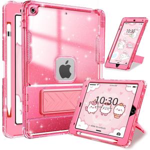 INFILAND Case for iPad 9th/8th/7th Generation 2021/2020/2019 10.2 inch Glitter Clear, Shockproof Protective Cute iPad 7/8/9 Gen Cover with Stand, Pencil Holder for Kids, Girls, Women (Pink)