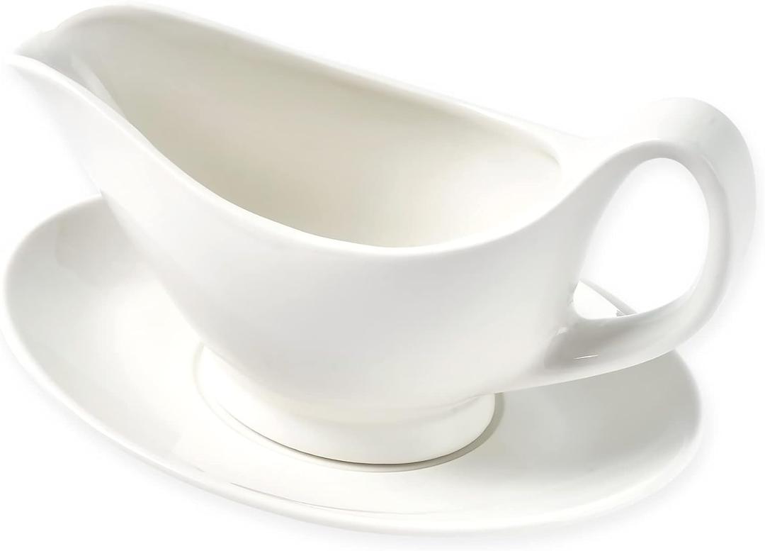 Gravy Boat with Saucer - 16oz Fine Porcelain Sauce & Salad Dressing Boat (White)
