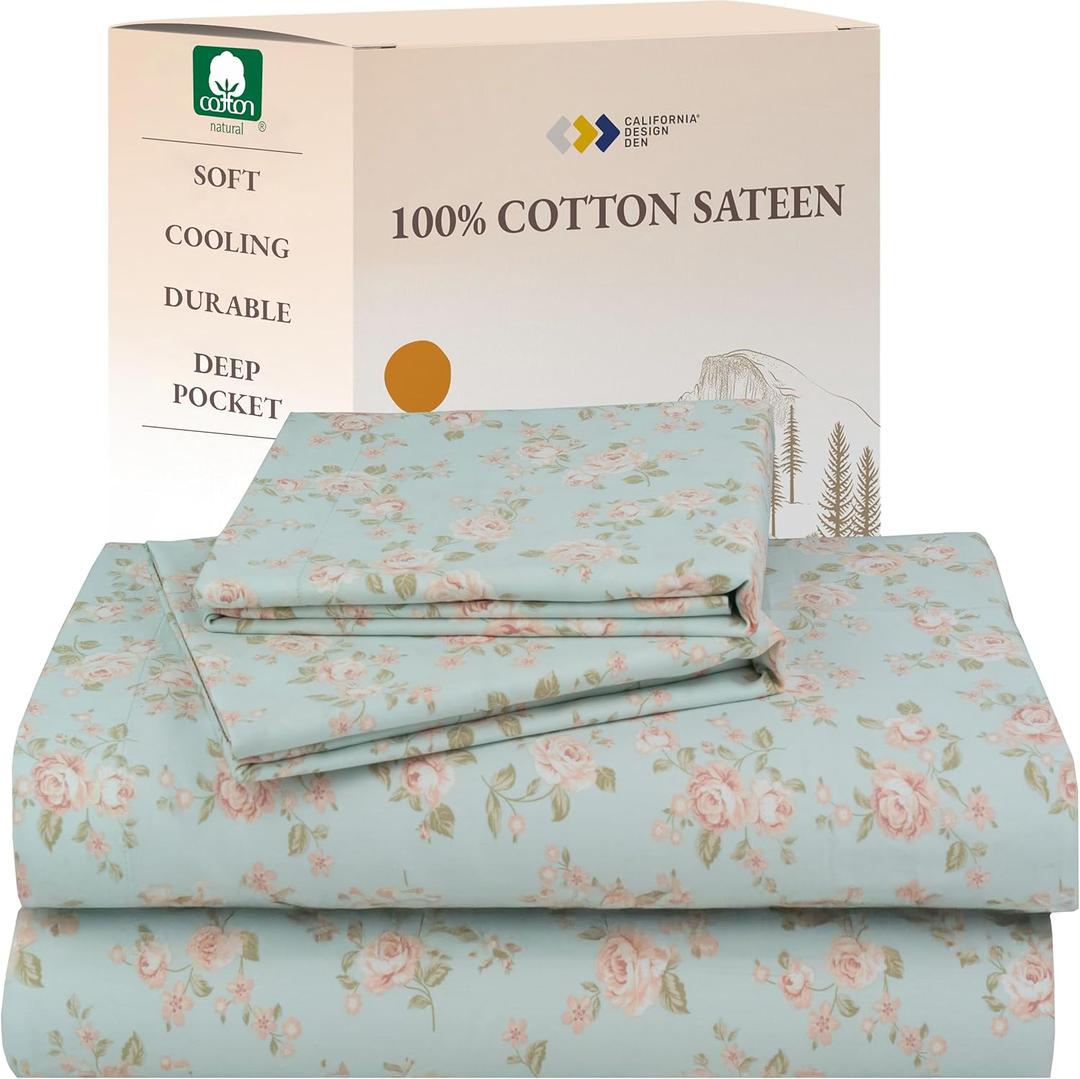 California Design Den Printed Pattern Rose Queen Sheet Set, 100% Cotton Sateen Deep Pocket Queen Sheets & Pillowcase Set - Vintage Rose