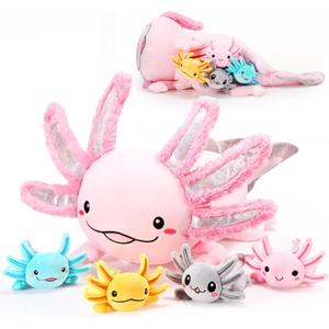 Aoriher 5 Pcs Axolotl Plush Set 24 Inch Mommy Axolotl Stuffed Animal with 4 Cute Plush Babies in Belly Soft Cuddly Plushie for Kids Sleeping Birthday Graduation Valentine Gift Party Favors(Pink)