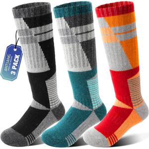 ANTSANG 3 Pairs Kids Merino Wool Ski Socks Boys Girls Thermal Thick Warm Winter Cozy Socks for Skiing Snowboarding (8-12 Years, Trapezoid)