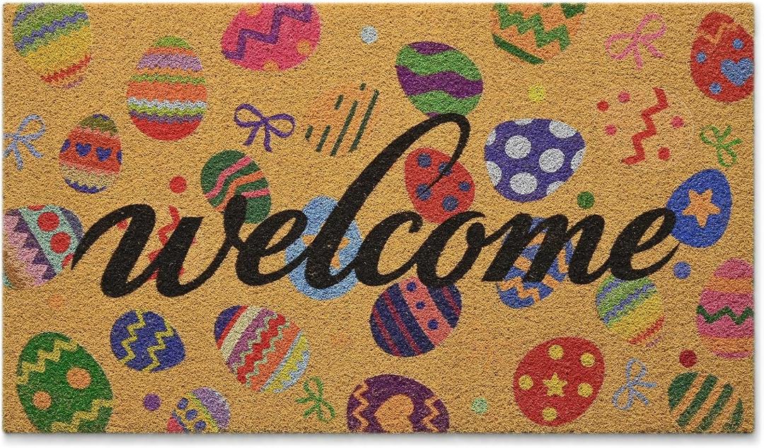 Kelarea Easter Artificial Coir Doormat Spring Welcome Door Mat, 17" x 29" Colorful Easter Eggs Front Door Mat, Non-Slip Entry Mats for Indoor Outdoor Entrance Home Decor
