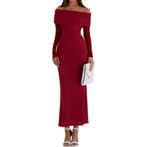 PRETTYGARDEN Fall Dresses for Women 2025 Elegant Off The Shoulder Long Sleeve Formal Wedding Guest Bodycon Maxi Dress(Wine Red,Large)