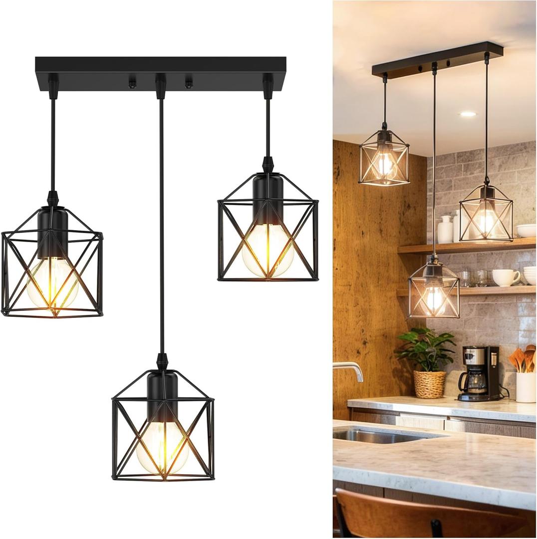 3 Light Pendant Lighting, Farmhouse Hanging Light Fixture for Kitchen Island & Dining Room, Industrial Vintage Ceiling Lamp with E26 Base, Adjustable Height, Matte Black
