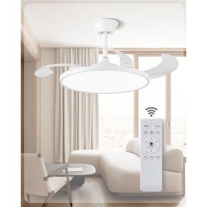 Retractable Ceiling Fans with Lights,42 inch Ceiling Fan with Light and Remote Control,Flush Mount,DC Reversible,3CCT,Low Noise,White Ceiling Fan for Bedroom,Living Room,Kitchen,Indoor Use
