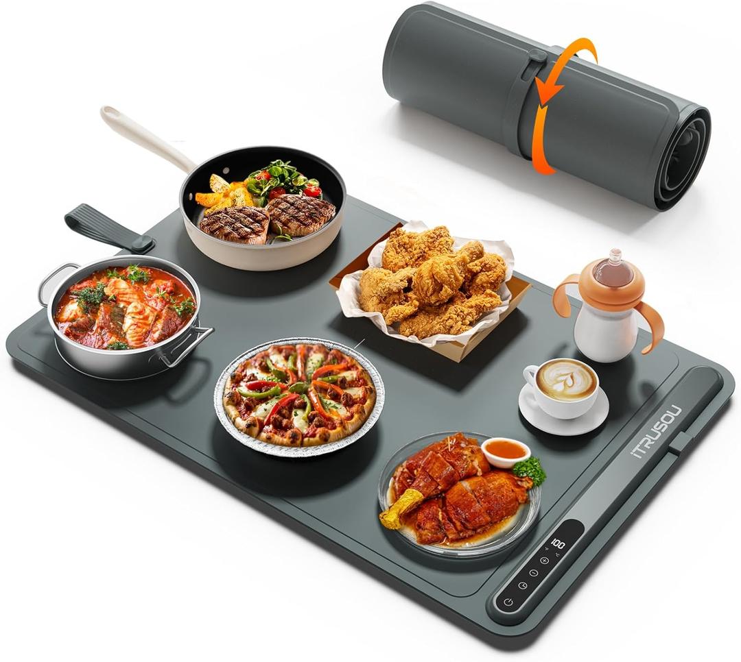 Warming Mat for Food (24"x16") - iTRUSOU 7-Level Electric Warming Tray with 400W High-Power, Timer 099H & Built-In Strap - Rollable Large Food Warming Mat for Parties & Buffet