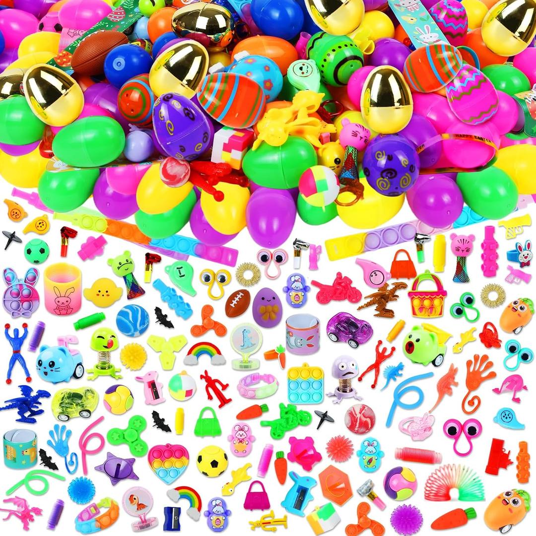 200 Pcs Prefilled Easter Eggs with Assorted Toys Inside, Basket Stuffers Easter Fillers, Easter Toys Bulk, Easter Egg Hunt Supplies, Prizes Classroom Events, Easter Party Favors Gifts for Kids Boys Girls