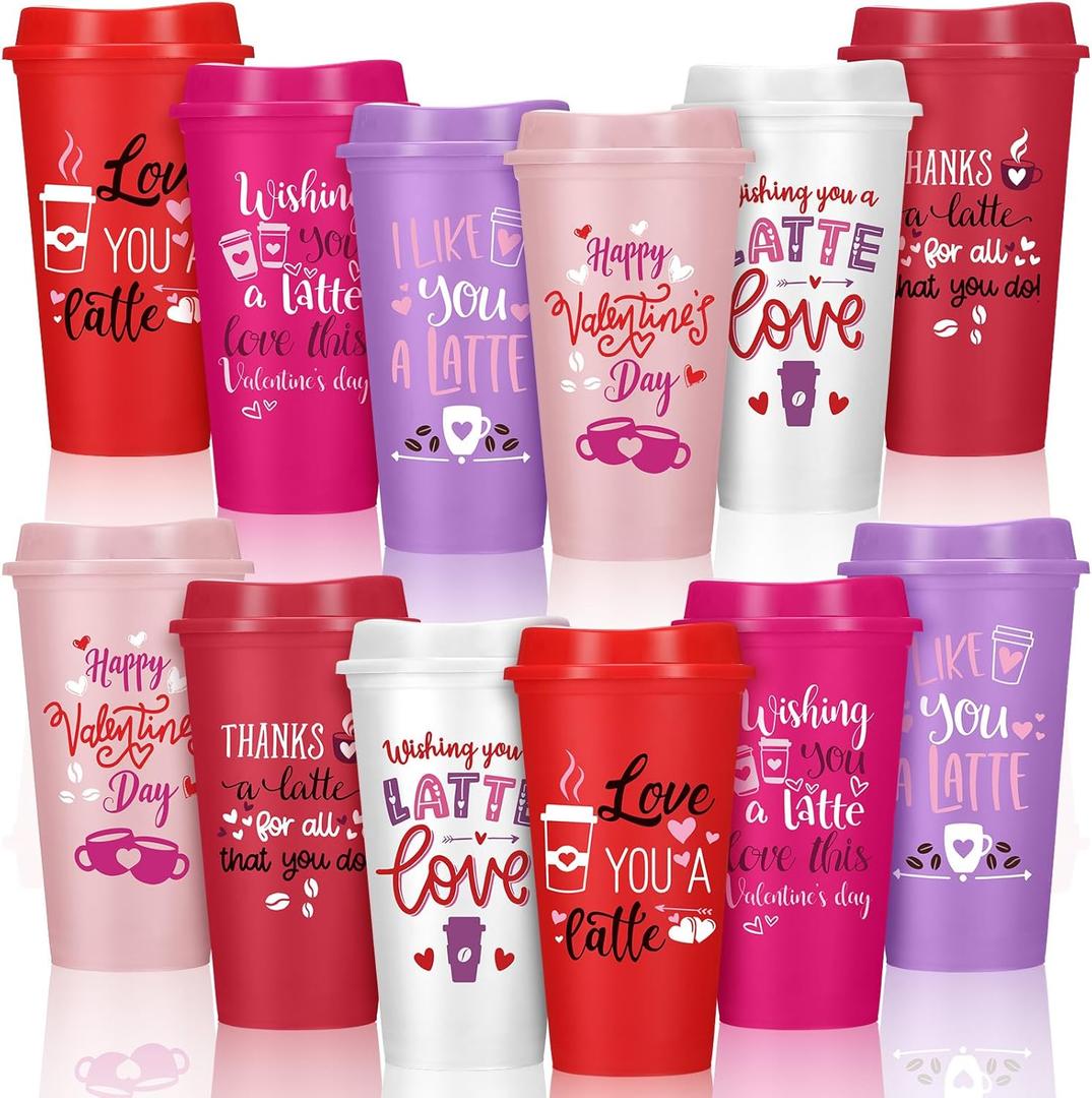 Pickmesh 12 Pack Valentines Day Coffee Cups Mugs Gift Bulk for Teachers Thank You Reusable Plastic Coffee Mugs with Lids Travel Tumblers Gift for Hot and Cold Drinks(Sweet Style,16 oz)