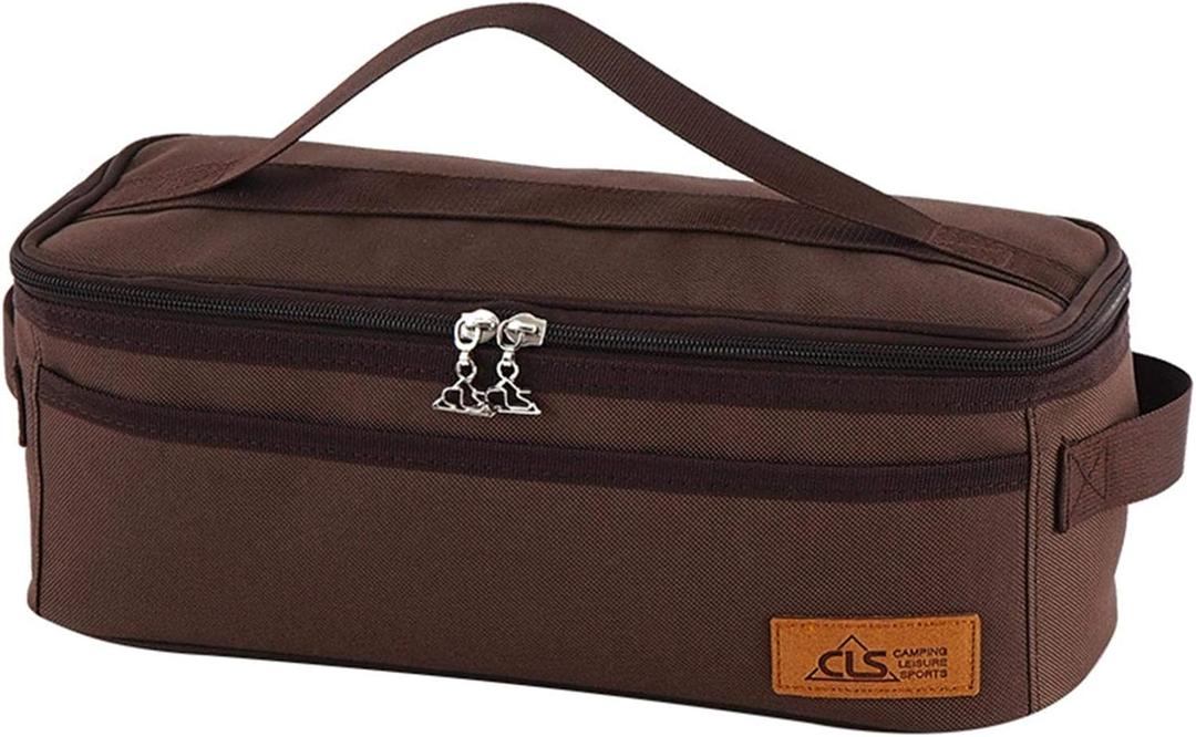 Camping Travel Cooking Utensils Organizer Travel Bag with Net Pockets, Portable Pouch for BBQ Camp Cookware Kitchen Kit,13x5.1x4.9inch (Oxford Cloth, Nylon, Metal) (Brown)