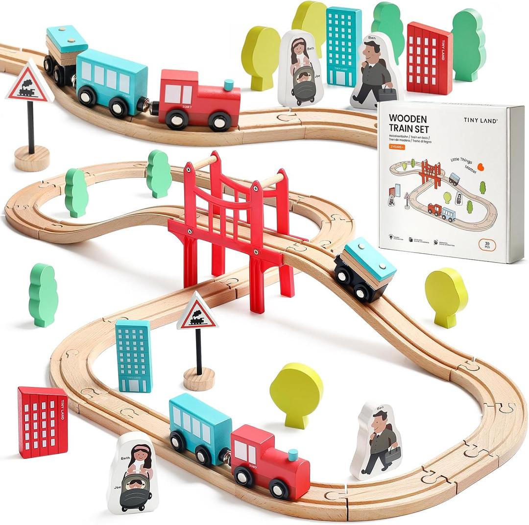 Tiny Land Wooden Train Set for Toddler - 39 Pcs- with Wooden Tracks Compatible with Major Brands - Expandable, Changeable-Train Toy for 3 4 5 Years Old Girls & Boys