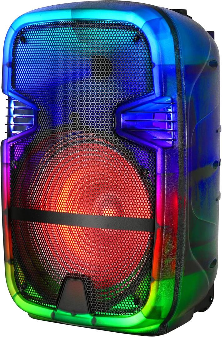 QFX 12" Portable Rechargable Bluetooth PA Karaoke Loud Party Speaker up to 5 Hour Playtime | Bluetooth 5.3, TWS, USB Port, TF, AUX, FM Radio, 360 Degree Translucent Motion Party Lights | TMS-1253