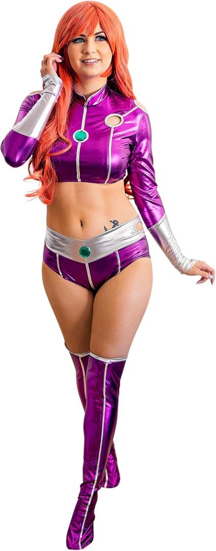 C-ZOFEK Women's Purple Hero Suit Cosplay Costume Crop top with Stockings for Halloween Christmas (Large)