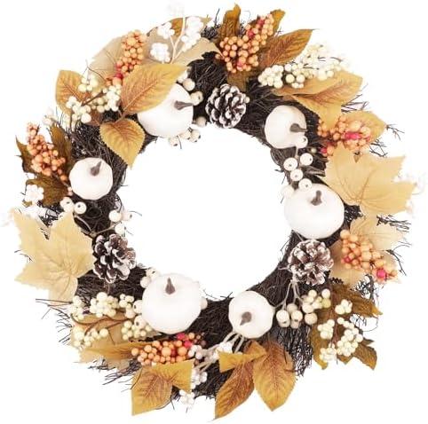 TaoQ C 17" Thanksgiving Wreath Fall Harvest Wreath Autumn Front Door Wreath with White Pumpkins Pine Cones Berries Maple Leaves for Outside Indoor Thanksgiving Autumn Fall Harvest Home Decor