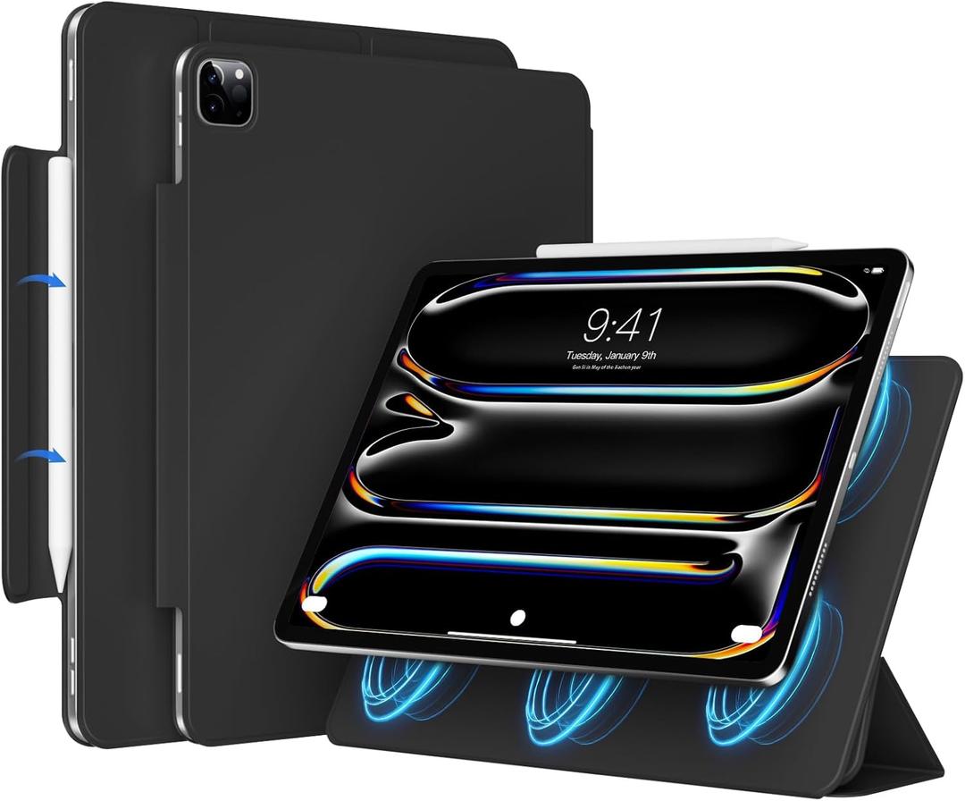 Magnetic Case for iPad Pro 13 Inch (M5/M4) 2025/2024- PU Leather Cover Compatible with Pencil Pro & USB-C | Auto Wake/Sleep, Non-Slip & Scratch-Resistant Protective Case (Black)