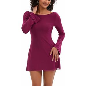 Topcloset Women's Fall Long Sleeve Mini Dress Boat Neck Going Out Cocktail Bell Sleeve Dresses Date Night Outfits (S)