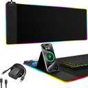 Mouse Pad with Phone Holder, Wireless Charging Desk Mat, RGB Gaming Mousepad Home Office Large Desk Pad with Ultra-Smooth Surface, Non-Slip Base, Waterproof Keyboard Pad,Black with 20W USB C Charger