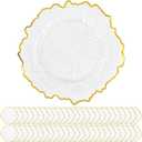 50 Pack Clear Charger Plates Bulk, 13" Plastic Reef Chargers for Dinner Plates, Round Charger Plate with Gold Rim Floral Reef Design for Dinner Wedding Party Table Setting Decoration
