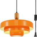 Vintage Plug in Pendant Light Kitchen Island Mid Century Hanging Lamp with Plug in Cord 3-Layer Orange Metal Pendant Light with Wood Accent for Living Room Dining Bedroom Kitchen, Orange, Wood