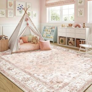 CAPALOCA Machine Washable Rugs Nursery Rug 6x9 Cute Girl Non Slip Low Pile Water Repellent Soft Print Pattern for Bedroom Indoor Decor Kids Playroom Pink