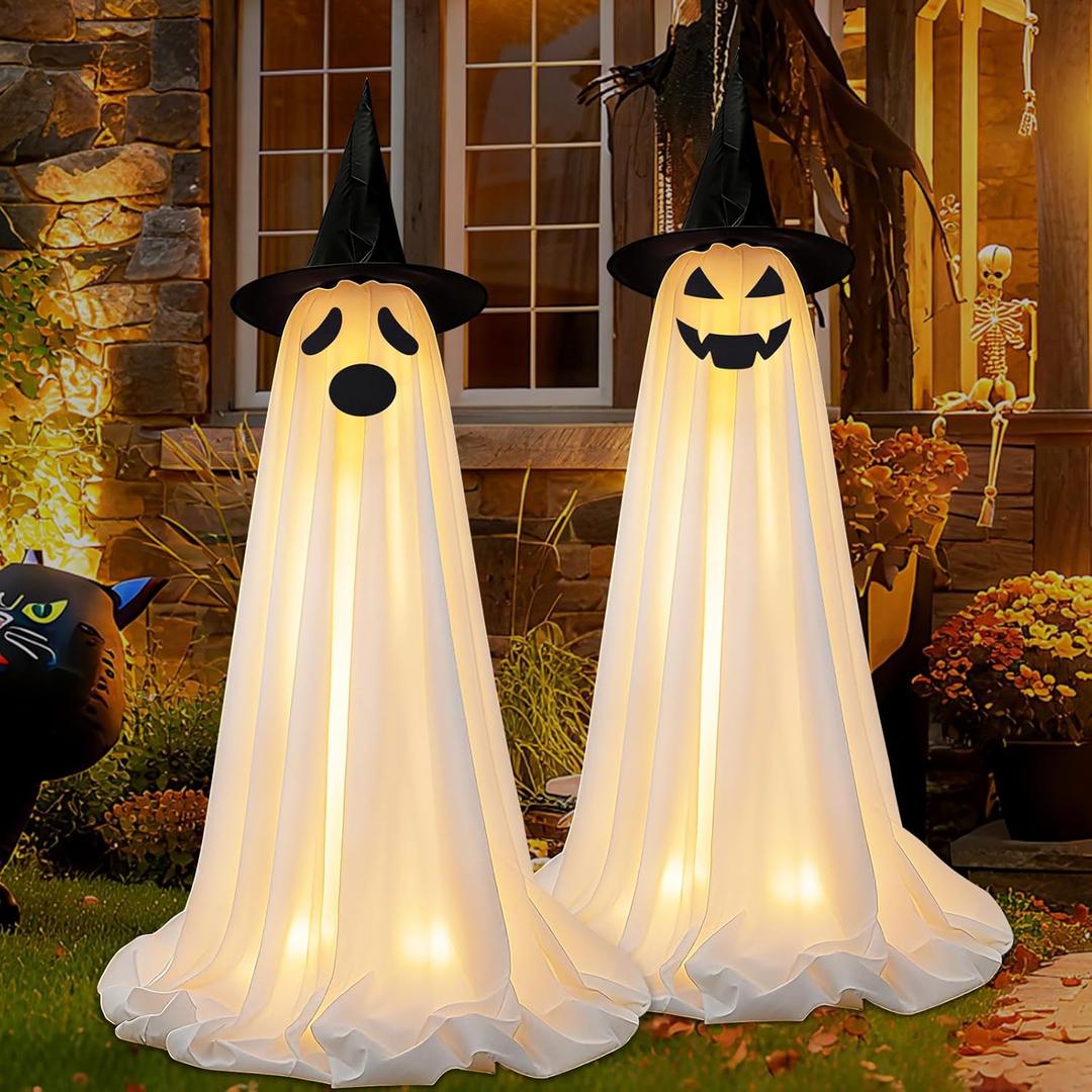 2Pcs Outdoor Ghost Decorations Light Up Standing Ghosts with String Lights 3 Expressions and 2 Witch Hats for Front Porch Yard Lawn Halloween Decor