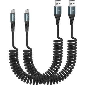 USB C Charger Cable Fast Charging, Coiled USB A to USB C Cable for Car, 2Pack 3FT Braided Type C Cord Compatible with iPhone 15 Pro Max Samsung Galaxy S10 / S10+ / Note 9, 8 LG V30 and More, Black