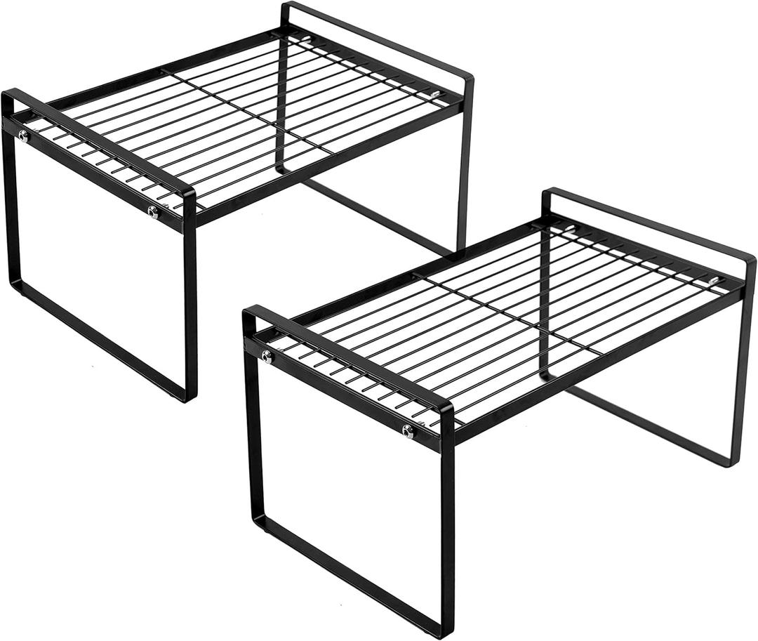 2 Pack Kitchen Cabinet Shelf Counter Organizer Rack Pantry Storage Bathroom Bedroom Office Table Desk Space Saving Steel Frame Stackable Rust Resistant Non Slip Black (L13" W8.3" H7.3")