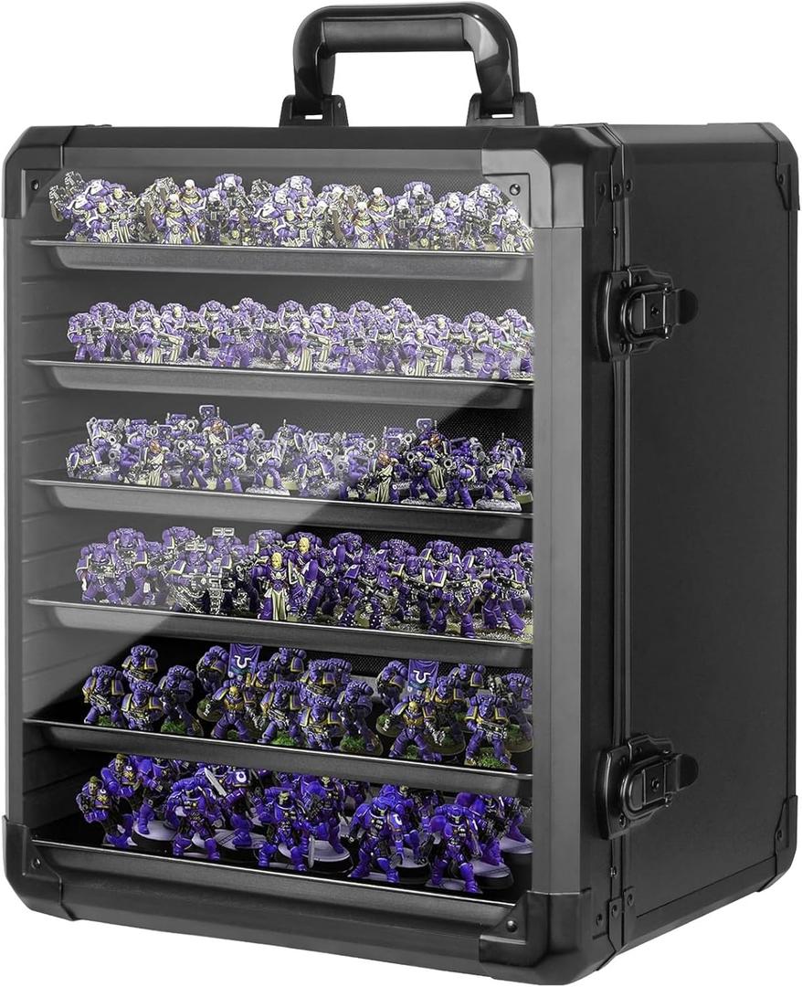 Miniature Carrying Case, Miniature Storage Case with 6 Trays, Aluminum Alloy Frame, Display and Transport Action Figure Display Case for Collectibles Miniatures, Warhammer Carrying Case