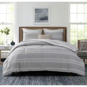 SLEEPBELLA Comforter Queen Size, 600 Thread Count Cotton Light Gray & White Stripes Reversible Pattern Grey Comforter Sets,Down Alternative Bedding Set 3Pcs (Queen, Grey Stripes)