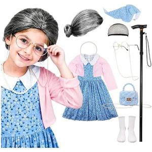 AXINYINGESS 100 Days of School Old Lady Costume Grandma Dress Up Set for Girls Costumes Granny Outfit Kit, Size 120, 5-7Y