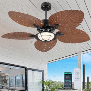 PHORUS 52" Waterproof Outdoor Palm Leaf Ceiling Fans with Lights and Remote,Wet Rated Tropical Ceiling Fans for Patios Porch Gazebo Pergola