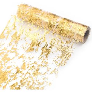 Gold Table Runner 11 inch x 32 Feet Glitter Metallic Gold Foil Mesh Table Runner Roll Table Decorations for Wedding, Birthday, Banquet, Christmas