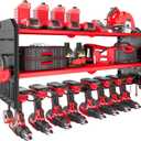 KAFAHOM Power Tool Organizer, Large 8 Drill Holder Wall Mount with 2 Side Pegboards, Heavy Duty Metal Tool Shelf with 12 Hooks, Storage Rack for Garage Organization, Utility Battery Shelves - Red