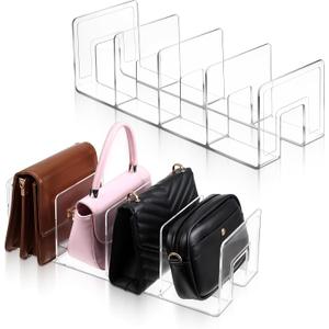 2 Pcs Acrylic Purse Organizer for Closet, 4 Sections Clear Handbag Storage Shelf 16.5 x 5.7 x 5.1 Inch Thickened Handbags Divider for Clutch, Clothes, Book, Document