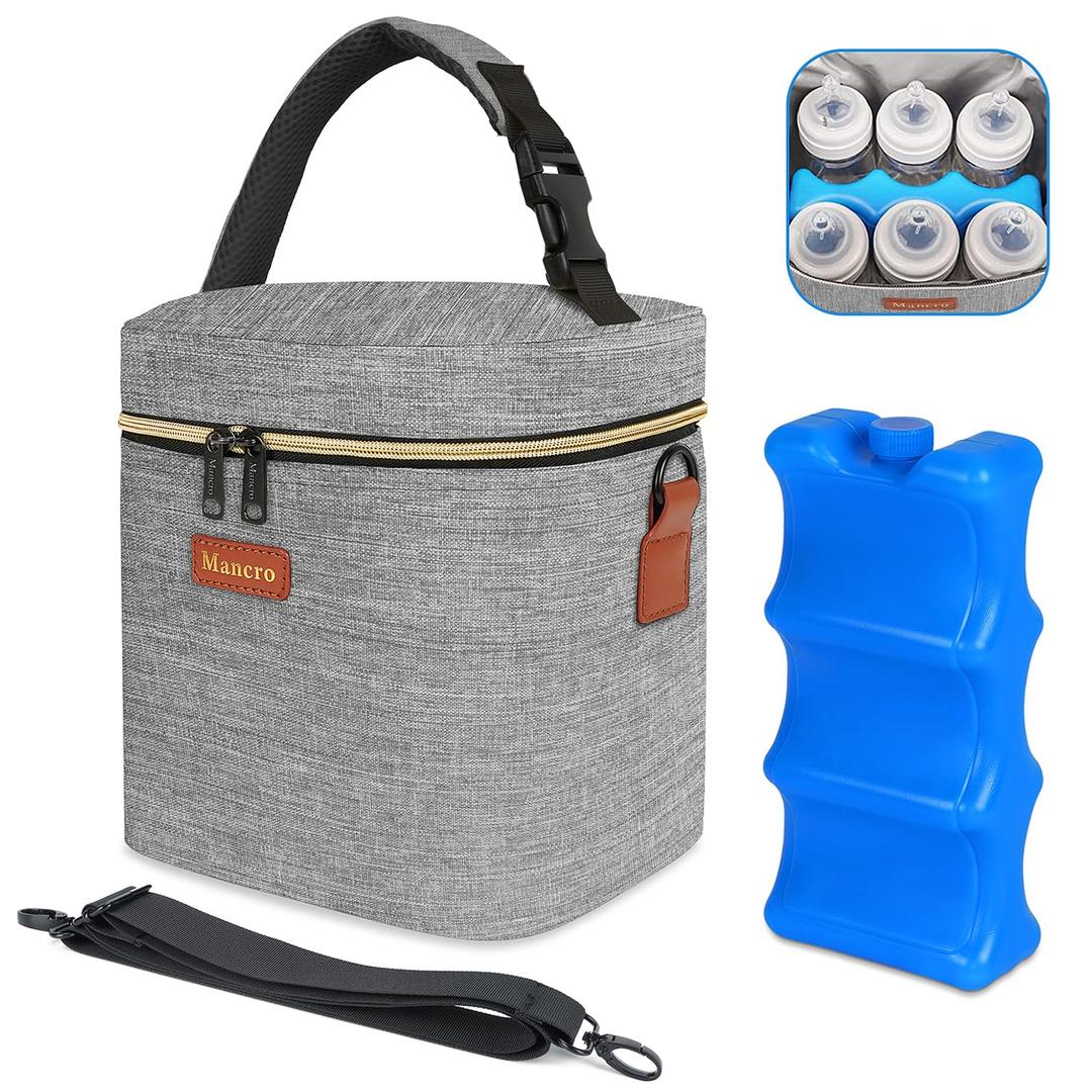 Mancro Baby Bottle Bag with Insulated Cooler, Fits 6 Baby Bottles Up to 9 Ounce with Ice Pack, Breastmilk Cooler Bag with Adjustable Shoulder Strap for Easy Carrying, Grey