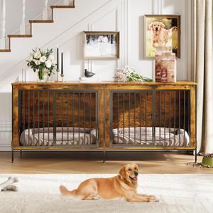 79 Double Dog Crate Furniture, XL Dog Kennel Indoor, Heavy Duty Double Dog Crates for Medium/Large Dogs, Dog Kennel Furniture Indoor As TV Stand, Rustic Brown